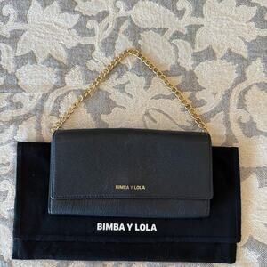 Bimba Y Lola Black Leather Wristlet with Gold Chain
